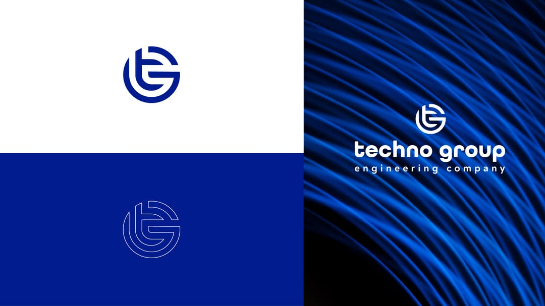Techno Group logo: mark, outline version, and application on a branded background
