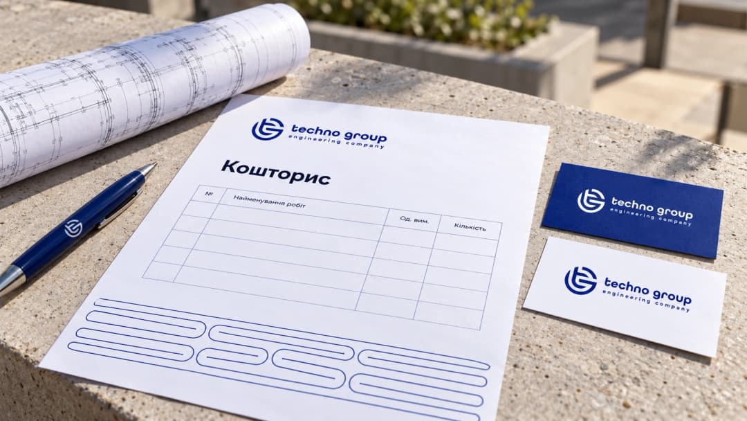 Techno Group estimate sheet and business cards