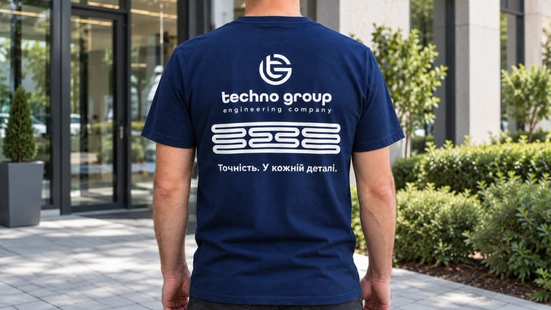 T-shirt on an employee, back view: branded print and tagline