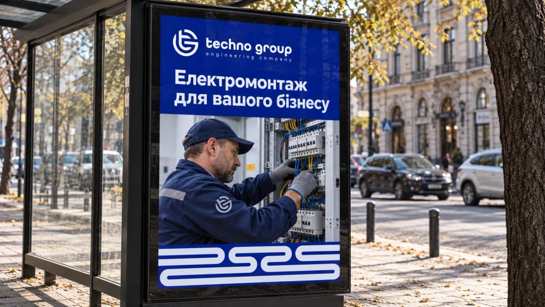 Techno Group citylight with an electrical work advertising photo