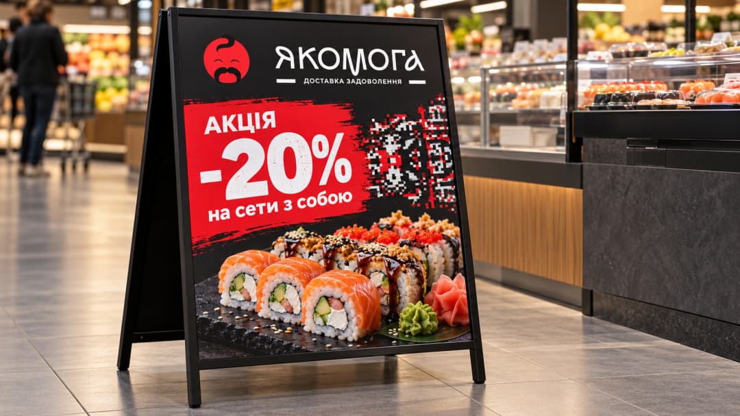 Black sidewalk sign with roll photos and a promo