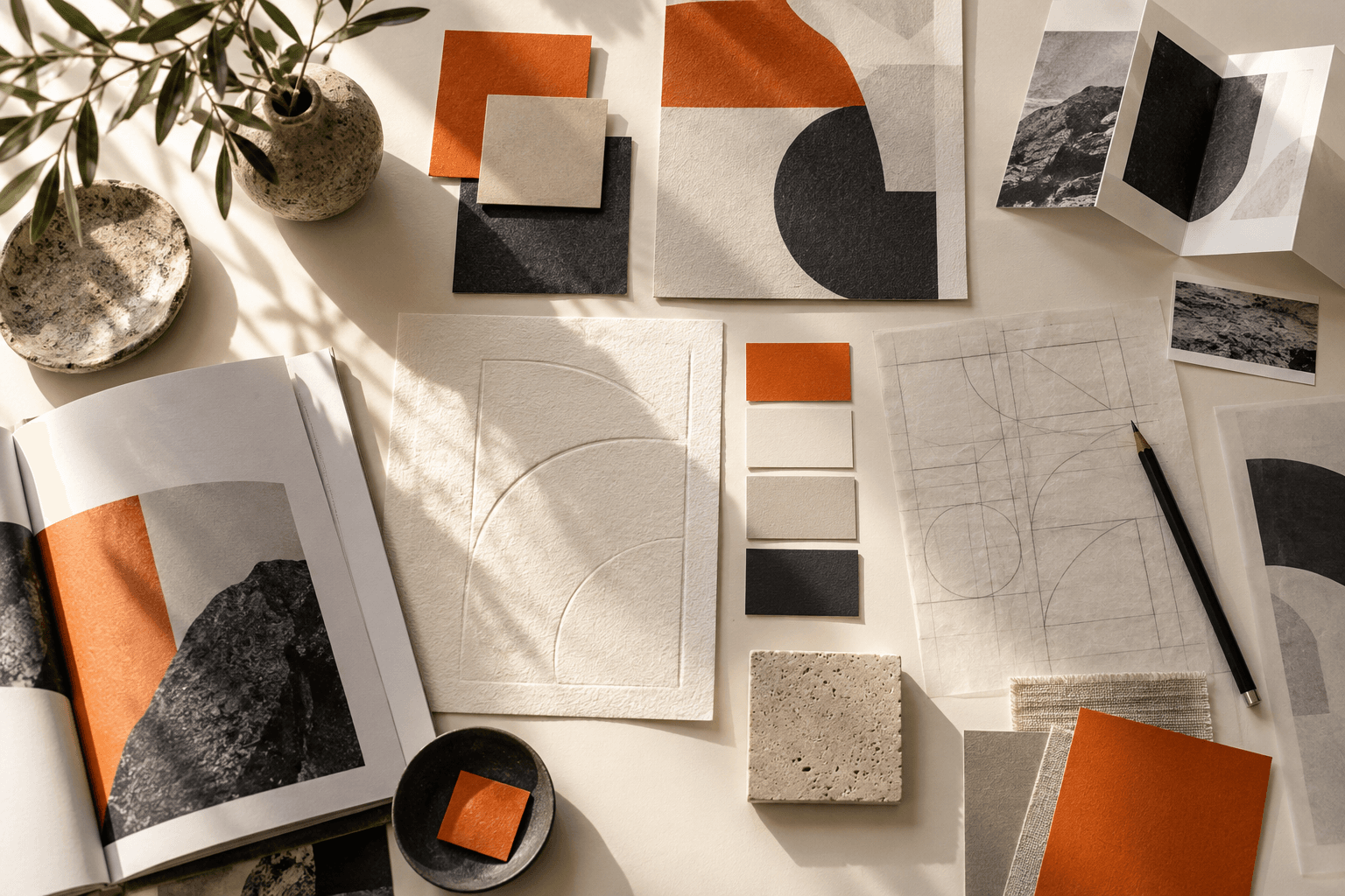 Identity development workspace: paper, colors, shapes, and composition