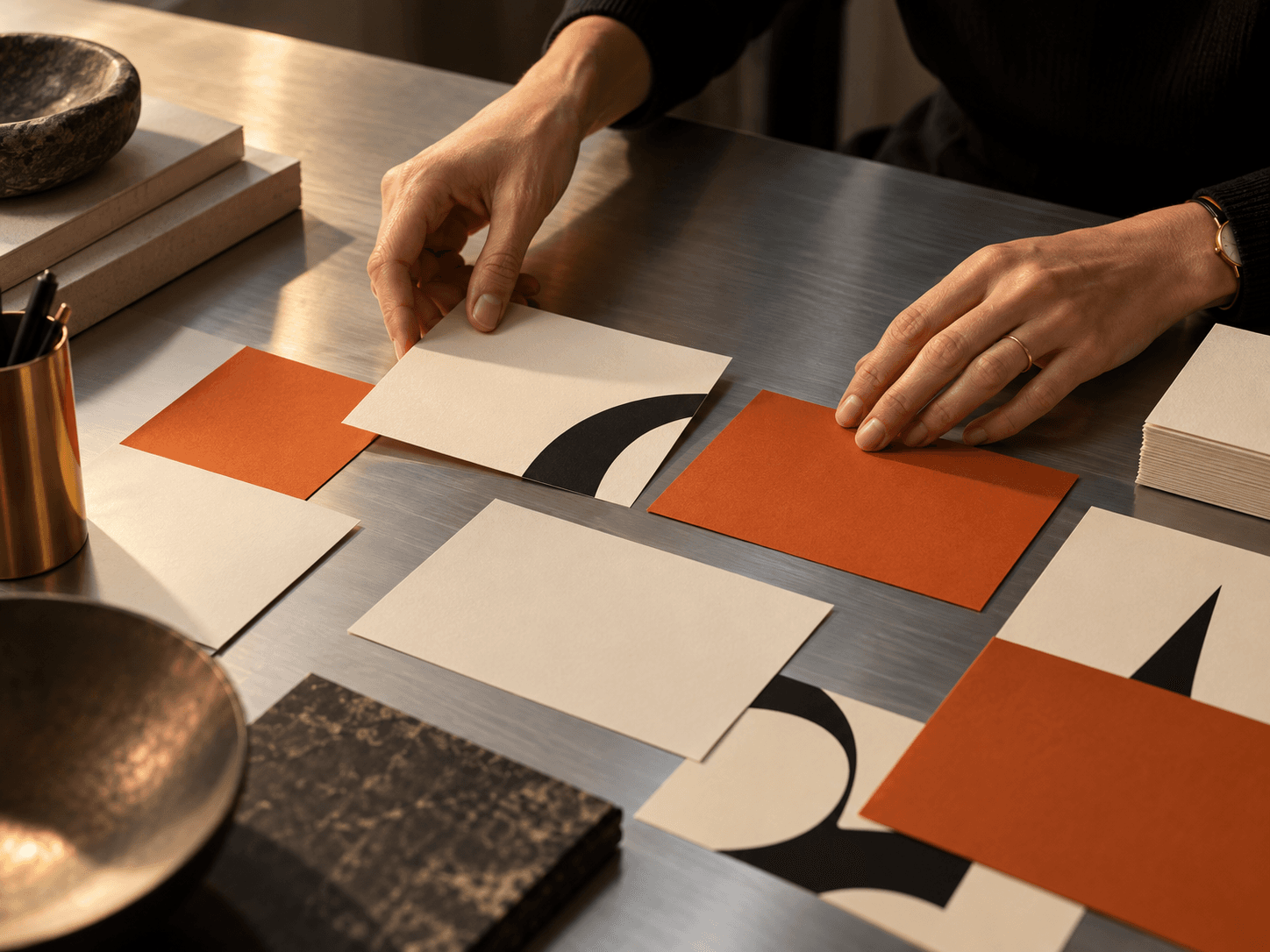 Naming work: paper cards, graphic forms, and orange accents